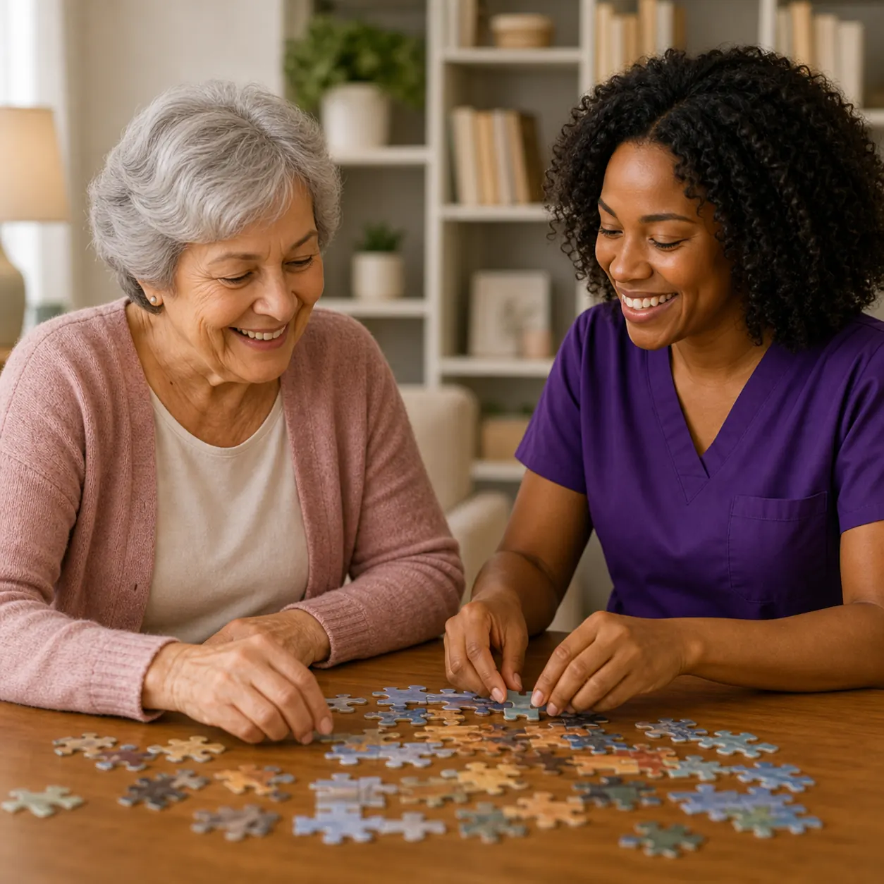 Caregiver and older adult smiling while working on a puzzle