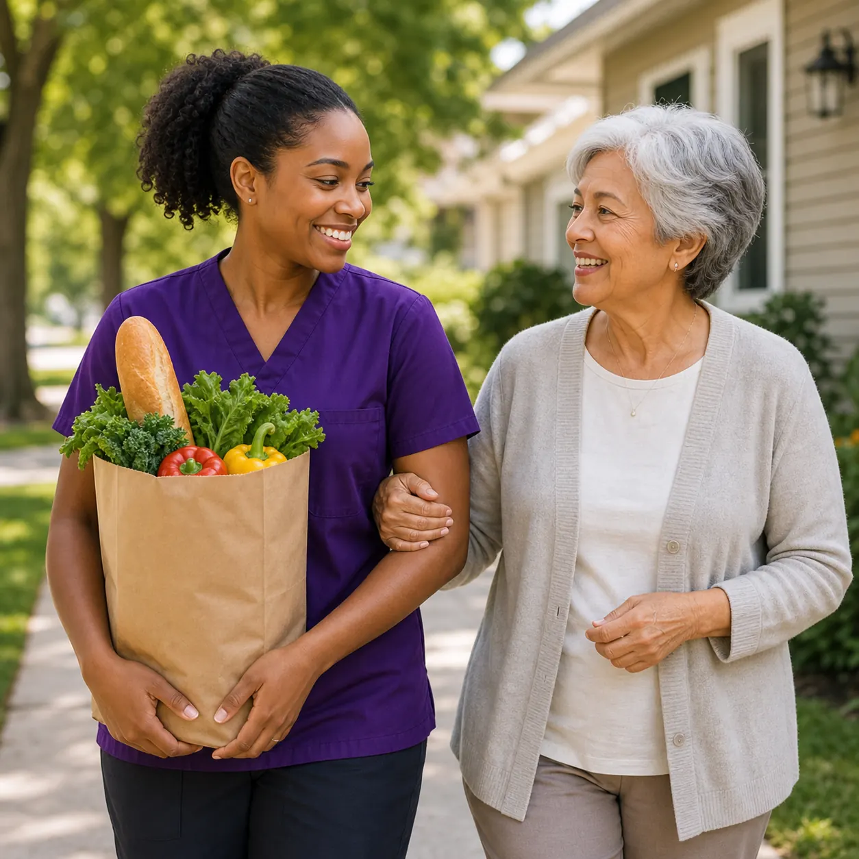 Caregiver carrying groceries while walking with an older adult