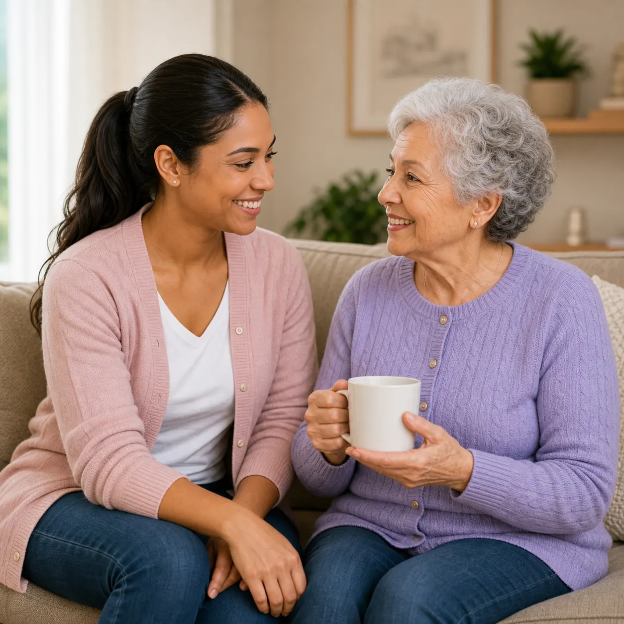 Caregiver sitting with an older adult holding a mug