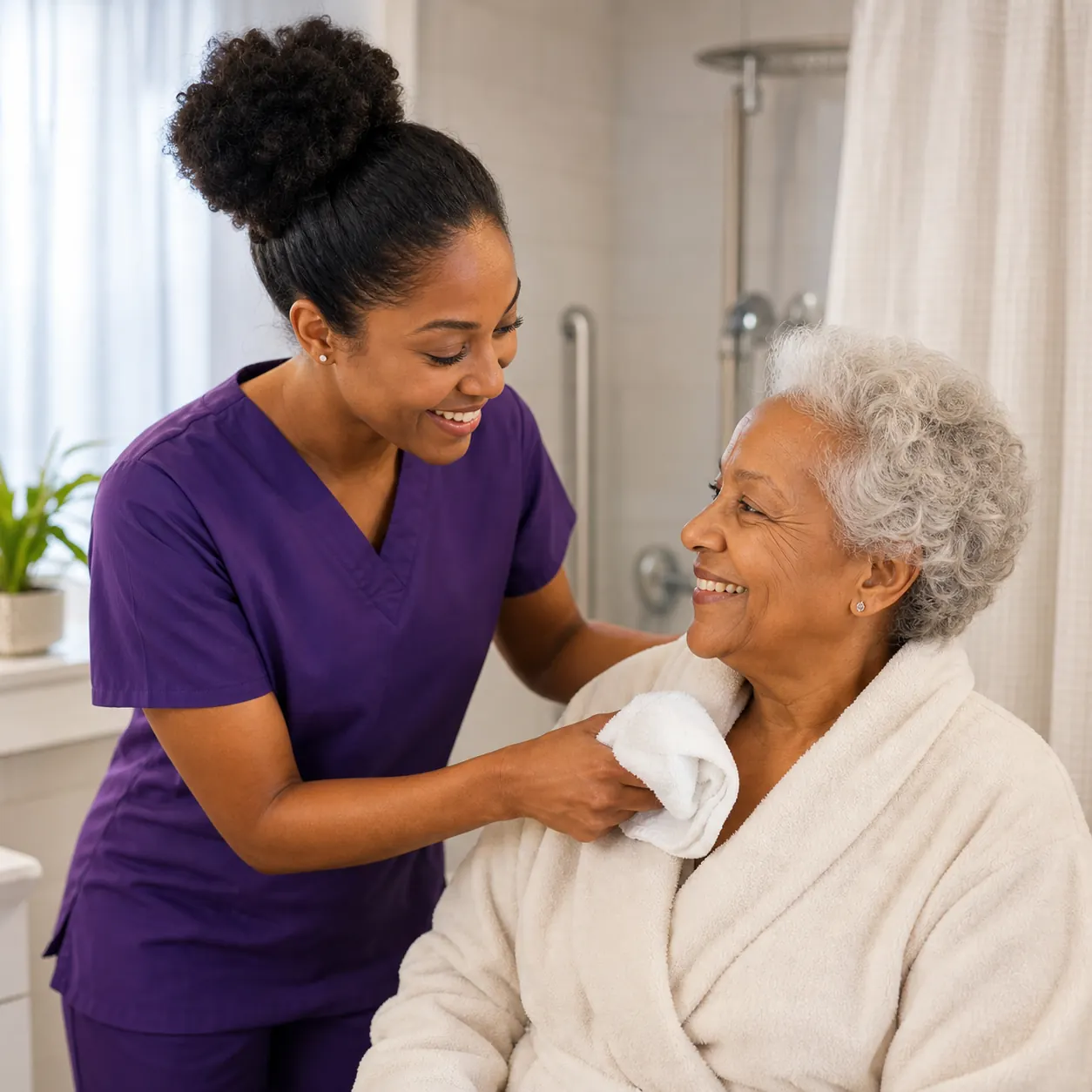 Caregiver assisting an older adult with personal care